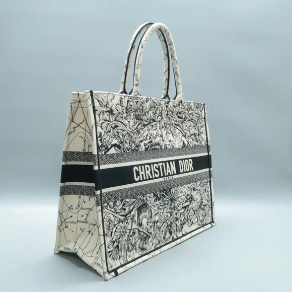 100% Authentic DIOR Book Tote Beige&Black Cloth Shoulder Bag 2152-113024 - Picture 3 of 12